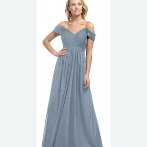 NEW AZAZIE dusty Blue off the shoulder chiffon A line Ruched AJA Maxi Gown A12